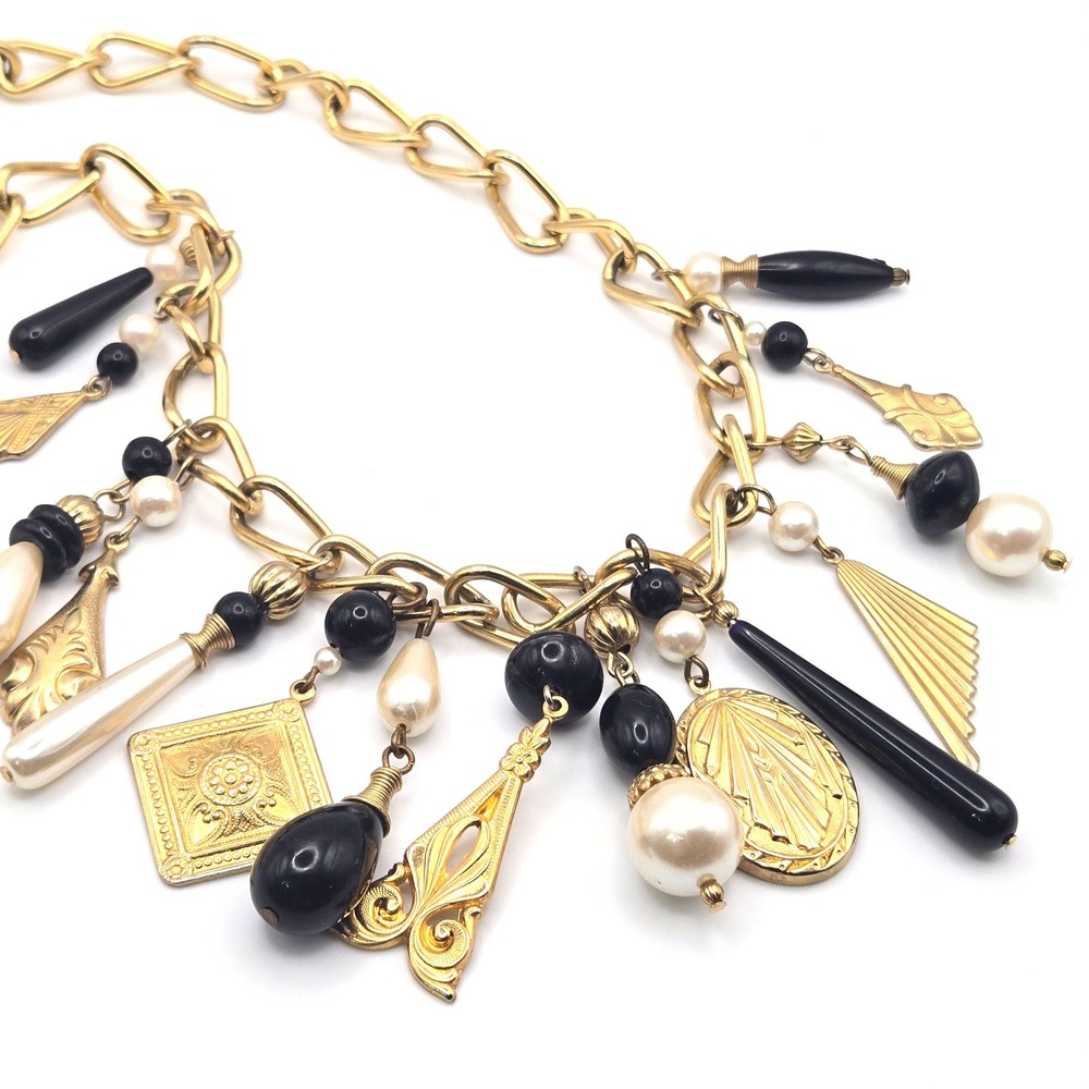 Gold Tone Charm Necklace Glass Faux Pearl Black Bead‎ Dangle Fringe Statement
